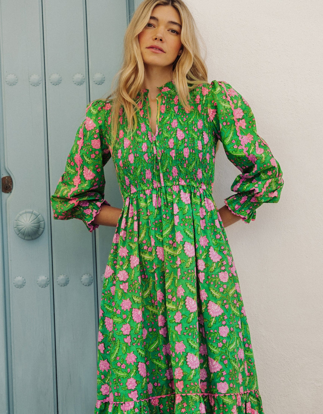 pink city prints green dress Pink City Prints Emerald Border Mykonos Dress Emerald Border / M
