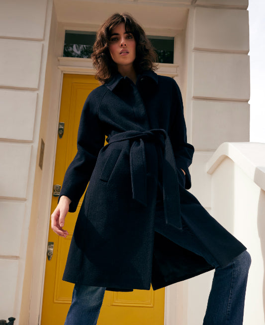 Belted Wool Blend Coat Navy