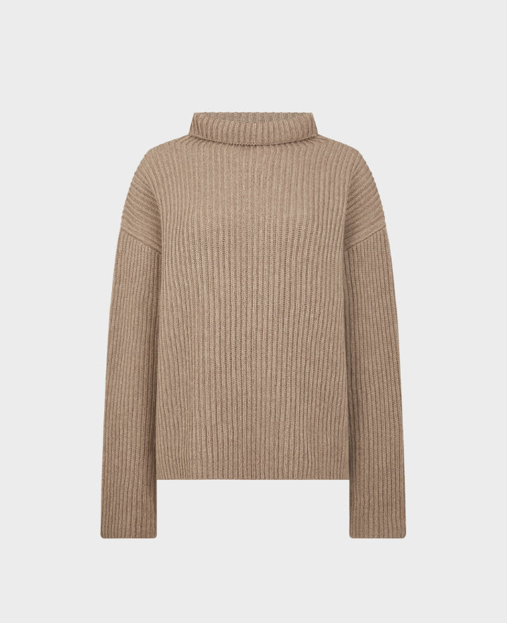 Cashmere Mix Ribbed High Neck Jumper Taupe