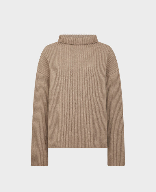 Cashmere Mix Ribbed High Neck Jumper Taupe