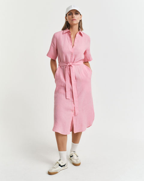 Linen Short Sleeve Shirt Dress, Geranium Pink Hamilton Hatt Linen Short Sleeve Shirt Dress, Geranium Pink Hamilton Hatt